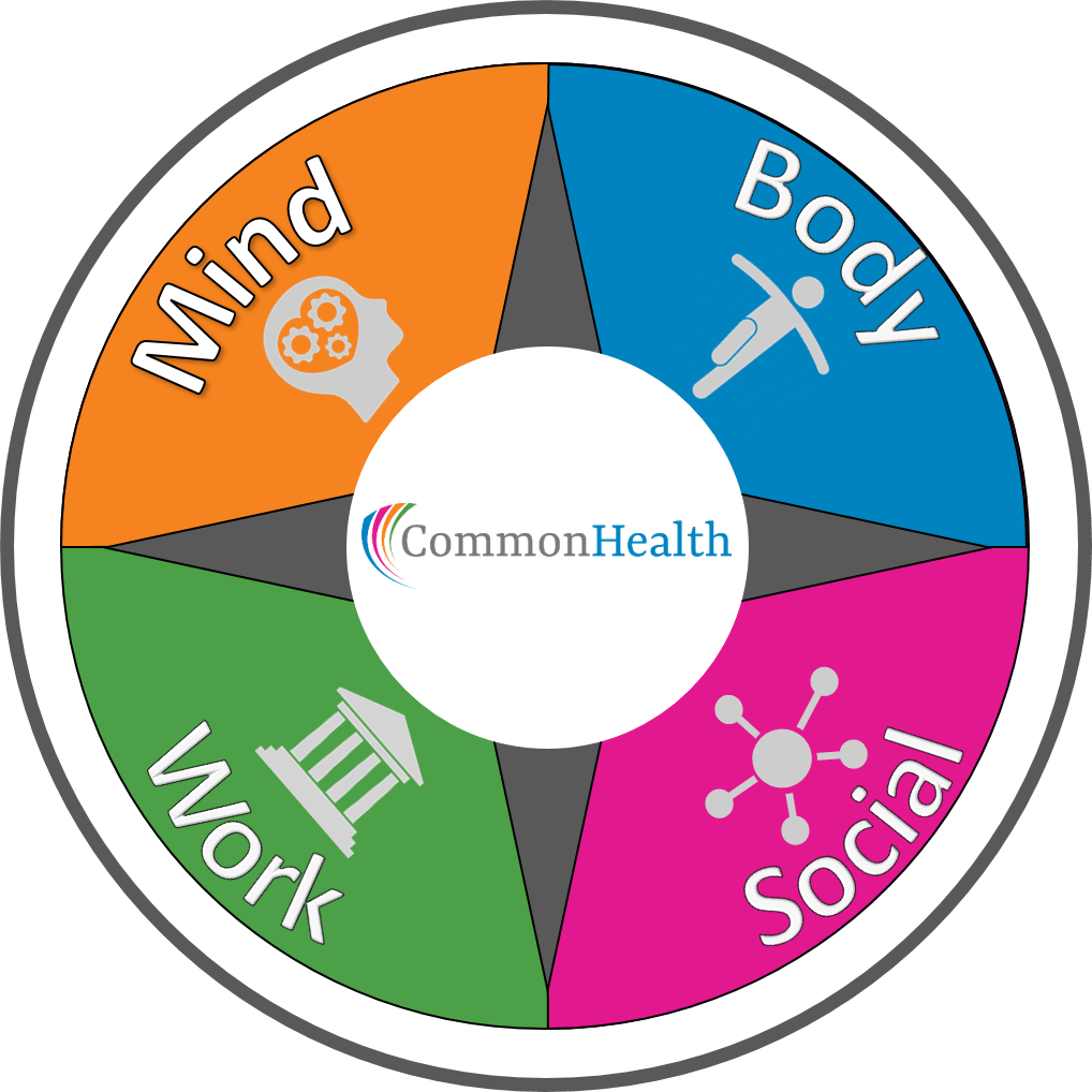 Rueda de CommonHealth en las secciones de mente, cuerpo, social y trabajo 